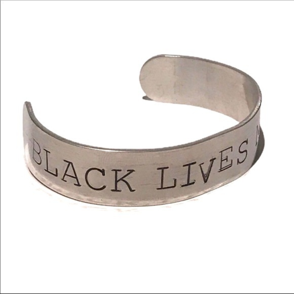 Handmade stamped Social Justice silver hypoallergenic adjustable cuff bracelet‎